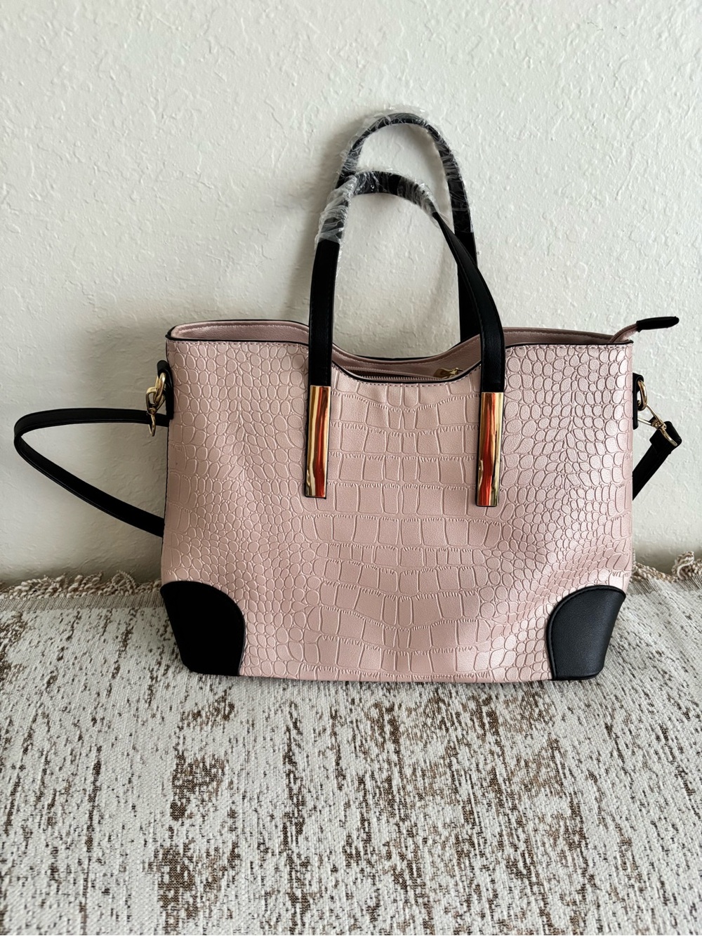 Structured Croc-Texture Tote Bag in Blush Pink with Black Accents
